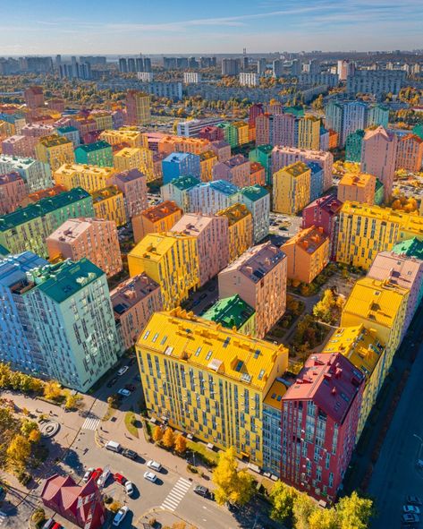 A UKRAINIAN town looks like it is made of LEGO, with multi-coloured houses and buildings. Comfort Town, a suburb of Kiev, was created to brighten up the former grey Soviet buildings from the 1950s and 1960s. Now, the buildings are painted in bright yellows, green and oranges and pinks, which includes the exterior walls and […] Structural Expressionism, Coloured Houses, Colorful Town, Lego Buildings, Colorful Apartment, Colourful Buildings, Lego Building, Green Building, Kiev