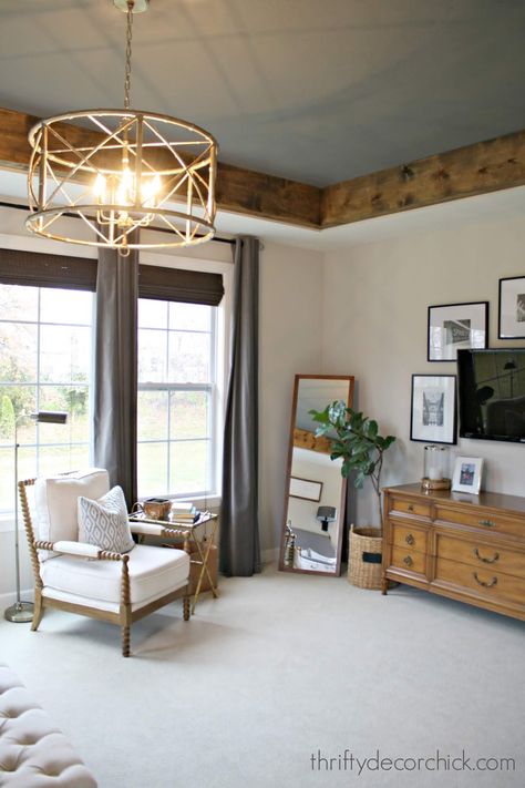 Cozy tray ceiling makeover in the master from Thrifty Decor Chick Dark Gray Ceiling, Wood Ceiling Trim, Ceiling Wood Beams, Bedroom Tray Ceiling, Ceiling Makeover, Gray Ceiling, Ceiling Wood, Dark Ceiling, Grey Ceiling