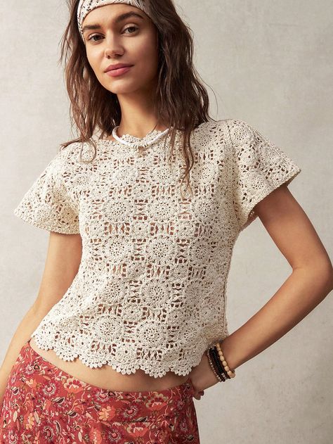 Women's Beige Summer Knitted Top For Vacation Khaki Boho  Short Sleeve Knitwear Plain  Slight Stretch  Women Clothing, size features are:Bust: ,Length: ,Sleeve Length: Summer Knit Tops, Estilo Hip Hop, Summer Knitting, Kids Beachwear, Knitwear Women, Boho Shorts, Bohemian Style, Crochet Clothes, Women Clothes Sale