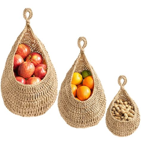 Crandek Boho Jute Hanging Basket - Wicker Hanging Fruit Basket for Fresh Produce Storage, Vegetable Keeper for Potato, Onion Garlic, Plant Holder - Handmade Kitchen Pantry Organizer (3 Size Pack) Fresh Produce Storage, Jute Hanging Basket, Garlic Plant, Hanging Fruit Basket, Produce Baskets, Produce Storage, Pantry Organizer, Hanging Fruit Baskets, Jute Hanging