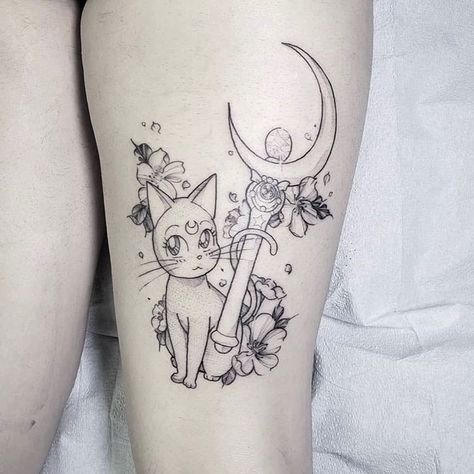 Traditional Tattoo Black And White, Sailor Moon Wands, Luna Tattoo, Wand Tattoo, Sailor Moon Cat, Sailor Moon Tattoo, Moon Tattoos, Sailor Moon Luna, Moon Tattoo Designs