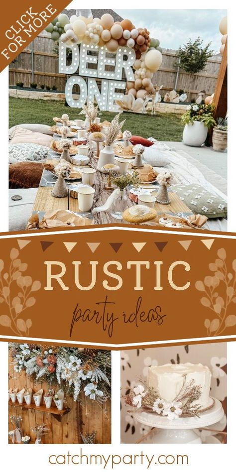 Take a look at this beautiful rustic boho deer 1st birthday party! Love the table settings! See more party ideas and share yours at CatchMyParty.com Deer Party Ideas, One Deer Ful Birthday Party Boy, Rustic Birthday Party Ideas, Deer Birthday Party, Rustic Birthday Parties, Deer Party, Deer Birthday, Rustic Birthday, Boys First Birthday Party Ideas