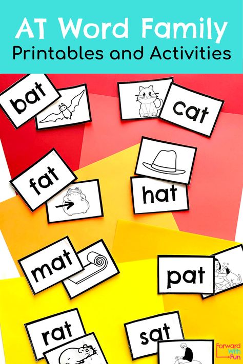 title: at word family printables and activities, picture is of brightly colored paper behind flashcards and picture cards of AT word family words: bat, cat, rat, hat, mat, pat, fat, sat At Phonics Worksheet, Word Family Books Free, Am Family Words Free Printable, At Family Words Free Printable, At Word Family Worksheet, Cvc Word Cards Free Printable, At Word Family Activities, Cvc Words With Pictures Free Printable, At Family Words Activities