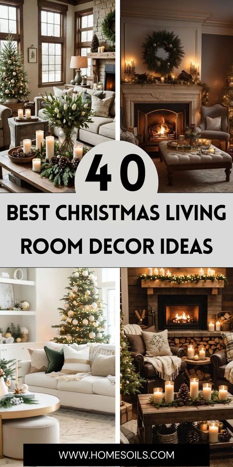 Discover 40 best Christmas living room decor ideas that bring festive charm and warmth to your home. Get inspired to create a magical holiday atmosphere—explore more on our site! Christmas Decor With Brown Couch, Holiday Living Room Ideas, Living Room Shelf Christmas Decor, Christmas Ideas For Coffee Table, Christmas Aesthetic Decor Ideas, Holiday Decor Christmas Living Room, Minimalist Christmas Decor Living Rooms, Christmas Coffee Table Ideas, Christmas Decor Ideas For Living Room Traditional