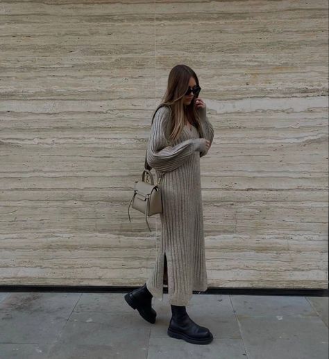 Long Knit Dress Outfit Winter, Grey Dress Outfit, Jumper Dress Outfit, Knitted Dress Outfit, Jessie Bush, Long Knit Skirt, Spring Outfits Dresses, My Wish List, Sweater Dress Outfit