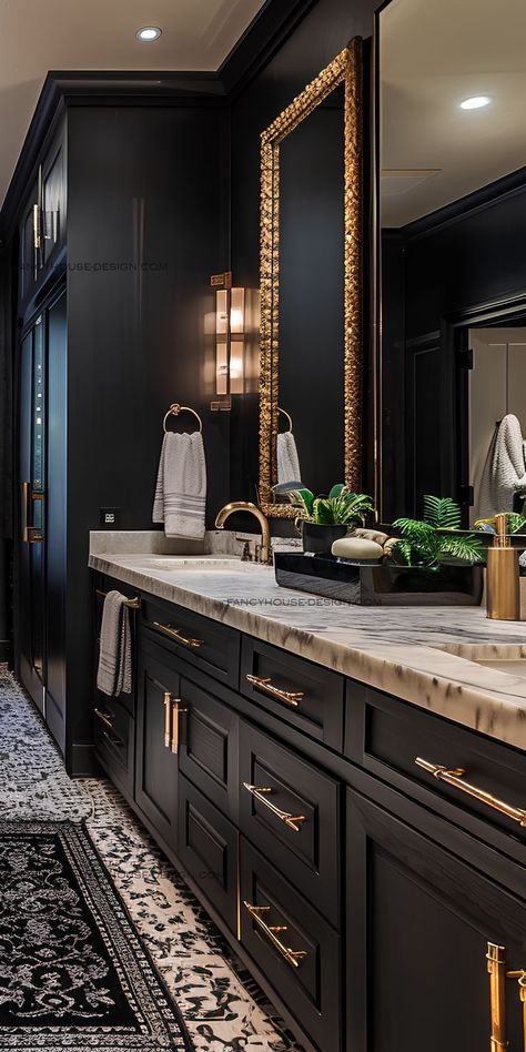 Tommy Bahama Bathroom, Black Cabinet Bathroom, Bathroom Remodel Dark, Black And White Bathroom Design, Fancy House Design, Victorian Bathrooms, Black Cabinets Bathroom, Eclectic Homes, Black And White Bathroom