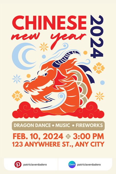 Here's your Chinese New Year of the Dragon Event Poster Canva Template for Pro and Free User! Follow us for more #illustration #element #icons #characters #design #creative #create #createdesign #canvapro #canvacreator #canva #handdrawn #illustrator #madewithcanva Lunar New Year Poster Design, Poster Chinese New Year, Pubmat Officers, Chinese New Year Design Poster, New Year Event Poster, Chinese New Year Graphic Design, Chinese New Year Graphic, Cny Poster, Club Posters