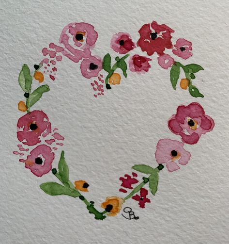 Watercolor Valentine Cards Ideas, Diy Watercolor Cards, Heart Watercolor, Easy Flower Drawings, Valentines Watercolor, Flowers Heart, Watercolor Beginner, Wreath Drawing, Watercolor Books