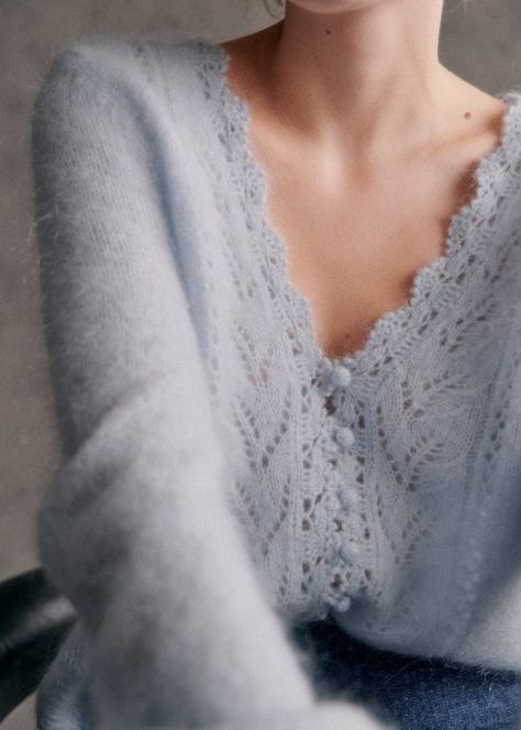 Angelo Cardigan - Sky Blue - Kid mohair - Sézane Sezane Knitwear, Sezane Sweater, Sezane Cardigan, Grandmacore Aesthetic, Lacy Cardigan, Light Blue Cardigan, Crochet Inspo, Mohair Cardigan, Cardigan Outfits