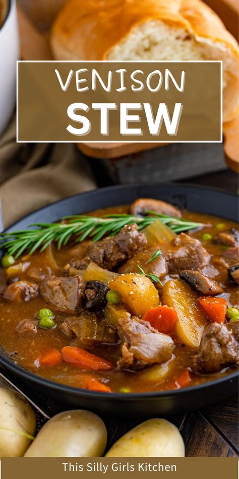 Venison stew has always been a favorite, even through the years of history. This traditional and classic stew is a hearty and delicious meal that everyone loves. This amazing venison stew is the perfect main dish for any lunch or dinner. Pair it with a buttered roll for the ultimate meal that everyone will enjoy. This stew is filled with venison, carrots, onions, potatoes, and more that's sure to have everyone at your table coming for seconds. Try this stew today! Dutch Oven Venison Stew, Venison Stew Crockpot, Venison Stew, Hearty Stew, Cold Weather Comfort Food, Buttered Vegetables, Iron Recipes, Hearty Comfort Food, Cast Iron Recipes