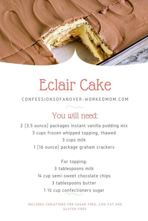 Easy Eclairs Recipe Simple, Chocolate Eclair Cake Recipe, Chocolate Eclairs Recipe Easy, No Bake Eclair Dessert, Eclair Glaze, Chocolate Eclair Cake No Bake, Eclaire Cake, Eclair Cake Recipe, Eclairs Recipe