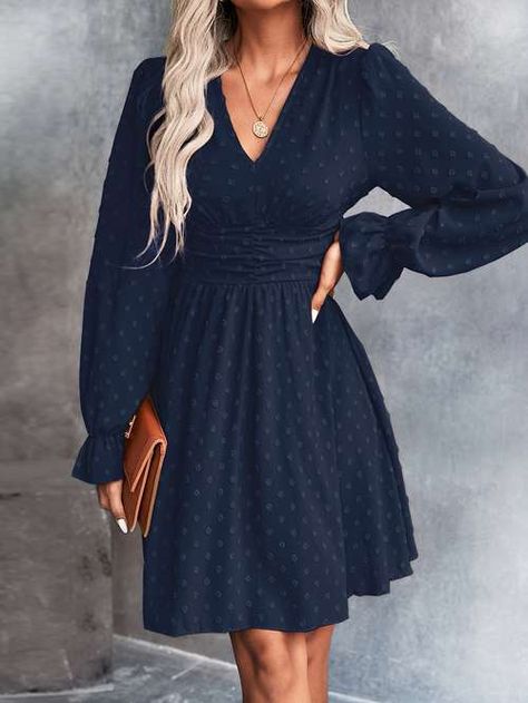 Temu | Explore the Latest Clothing, Beauty, Home, Jewelry & More Ruffle Long Sleeve Dress, Winter Boho, Navy Blue Fabric, Ruffle Long Sleeve, Long Sleeve Short Dress, Vestido Casual, Swiss Dot, Navy Blue Dresses, Solid Dress