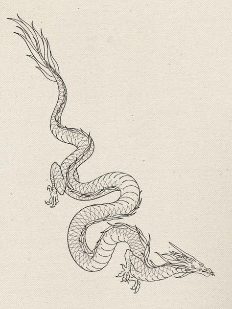 Eastern Dragon Tattoo Design, Dragon Tattoo Horizontal, Wrap Around Dragon Tattoo Stencil, Dragon Tattoo Drawing Design, Celestial Dragon Tattoo, Chinese Dragon Sketch, Fine Line Dragon Tattoo, Dragon Line Drawing, Dragon Line Art