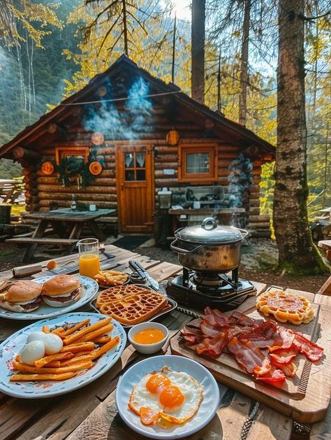 Winter Collage, Ideal Lifestyle, Christmas Cabin, Mountain Cabins, Cosy Kitchen, Campfire Food, Campfire Cooking, Breakfast Of Champions, Food Table