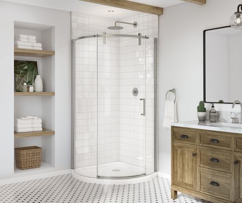 Outback Round 36 x 36 x 75 5/8 in. 8mm Sliding Shower Door for Corner Installation with Clear glass in Brushed Nickel | Shower door, Maax en-CA Shower Wall Kits, Contemporary Barn, Frameless Sliding Shower Doors, Fiberglass Shower, Sophisticated Bathroom, Bathtub Doors, Shower Wall Panels, Shower Base, Corner Wall