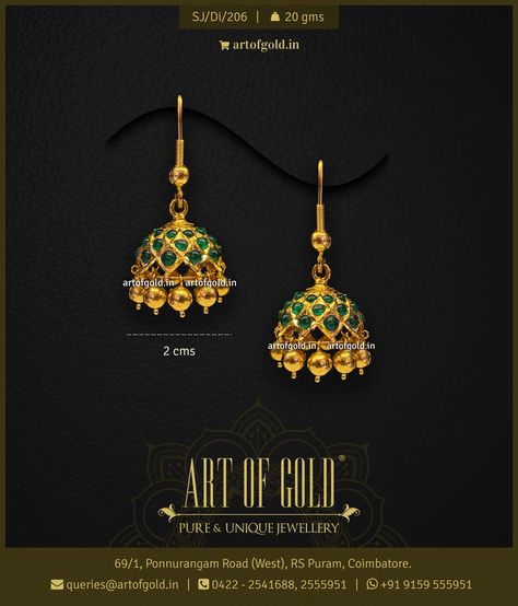 #Gold #Jhumkas set with #Emerald stones in criss-cross pattern. Clip-on style hooks. Earrings Design Gold, Gold Earrings Design, Gold Jhumkas, Gold Saree, Gold Earrings Indian, Antique Gold Earrings, Gold Temple Jewellery, Saree Jewellery, Gold Earrings Models