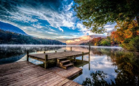 brown wooden dock #lake #nature #sunset #mountains #fall #pier #forest #mist #water #reflection #sky #clouds #trees #landscape #1080P #wallpaper #hdwallpaper #desktop Hd Wallpaper Landscape, Hd Landscape, Landscape Wallpapers, Hd Wallpapers For Pc, Best Nature Wallpapers, Wallpaper Landscape, Desktop Background Pictures, Places To Live, Beauty Wallpaper