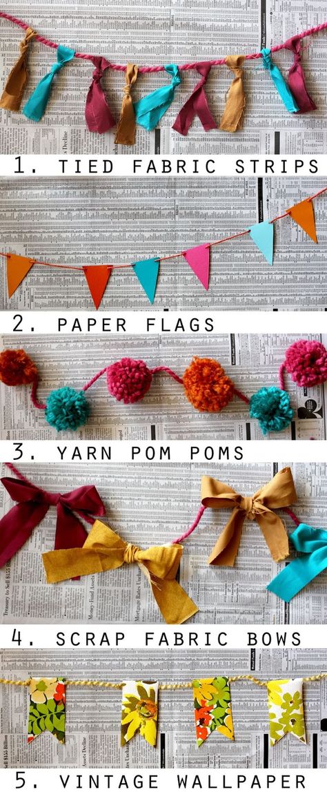 Creating Culture, Ra Ideas, Party Deco, Yarn Pom Pom, Bunting Garland, Make Paper, Diy Garland, Fabric Bows, Cat Party