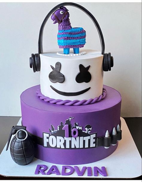 Fortnite Two Tier Cake, Fortnite Cakepops, Fortnite Marshmello Cake, Fortnight Birthday Cake, Fort Night Cake For Boys, Peely Fortnite Birthday Cake, Fortnite Birthday Cake Ideas, Fort Nite Cake Ideas, Cake Fortnite