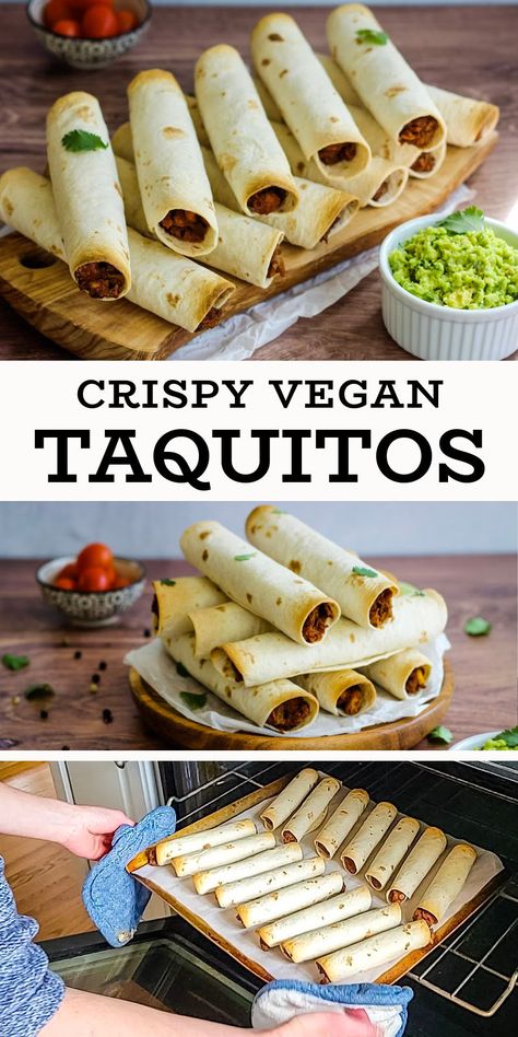 This crispy baked vegan taquito recipe features a flavorful Instant Pot filling made with pinto beans and veggies—no soaking required! It’s easy to make with gluten-free and oil-free options, perfect for a healthy snack or meal. Vegan Taquitos Baked, Vegan Taquitos Recipe, Vegan Mexican Casserole, Vegan Mexican Rice, Vegan Taquitos, Taquito Recipe, Vegan Quesadilla, Mexican Casseroles, Burrito Recipes