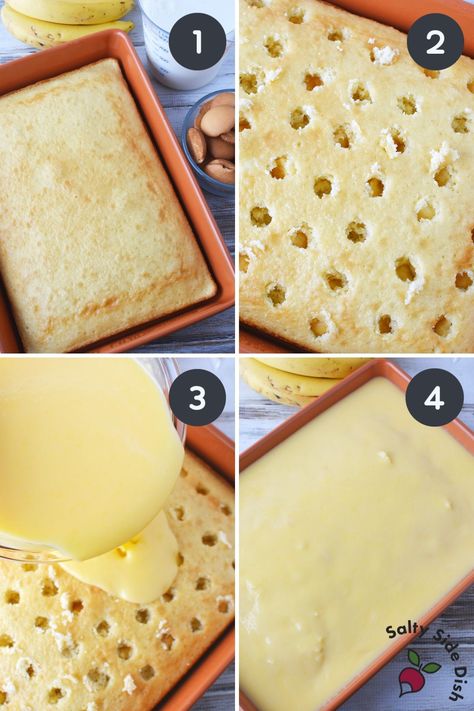 Banana Pudding Poke Cake with Cool Whip Topping | Salty Side Dish Recipes Pudding Poke Cake Vanilla, Vanilla Poke Cake Recipes Pudding, Banana Pudding Poke Cake Recipe, Banana Poke Pudding Cake, Vanilla Poke Cake Recipes, Vanilla Pudding Poke Cake, Pudding Poke Cake Recipes, Vanilla Poke Cake, Lemon Poke Cake Recipe