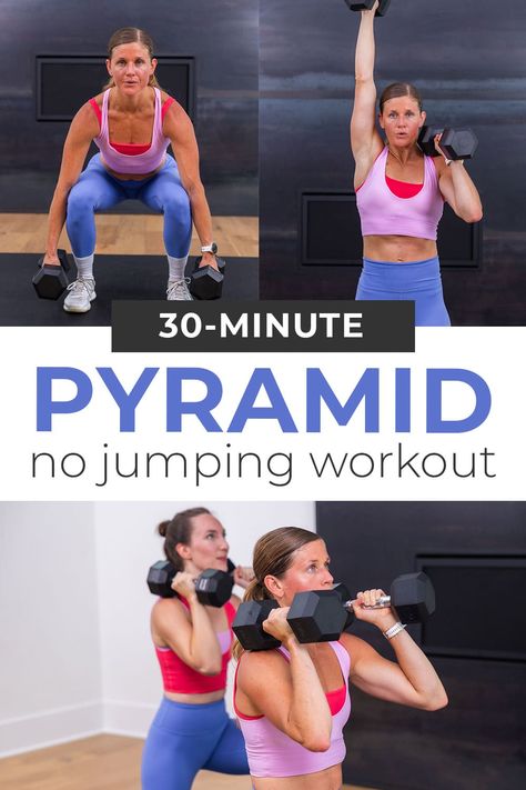 Blast the upper body, lower body, and core with this effective full body HIIT workout routine for women! Challenge your strength and endurance with this tough but achievable dumbbell HIIT workout. We combined our favorite HIIT exercises into a heart-pumping pyramid workout. This workout format is one of our favorite ways to increase muscular and cardiovascular fitness levels at home. Pyramid Hiit Workouts, Dumbbell Hiit Workout, 20 Min Hiit Workout, At Home Hiit Workout, Dumbbell Hiit, Workout Routine For Women, 30 Minute Hiit Workouts, Upper Body Hiit Workouts, Hiit Exercises