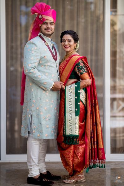 Photo of A happy Marathi bride in silk nauvari saree. Navari Saree Couple Photoshoot, Marathi Wedding Groom Dress, Marathi Wedding Photography, Marathi Engagement Photography, Maharashtrian Wedding Couple Outfits, Maharashtrian Bride And Groom Outfits, Peshwai Look For Wedding Couple, Maharashtrian Groom Outfit Wedding, Marathi Couple