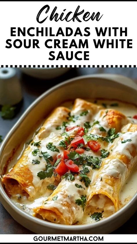 Looking for a creamy, comforting meal that’s bursting with flavor? These Chicken Enchiladas with Sour Cream White Sauce are a perfect blend of cheesy goodness and savory chicken, wrapped in soft tortillas. This easy-to-make dish will be your new go-to for weeknight dinners or weekend gatherings.
Craving something new? Get the recipe here

#ChickenEnchiladas #SourCreamSauce #MexicanFood #EasyDinner #CheesyEnchiladas #WeeknightMeals #ComfortFood #FamilyDinners #DinnerIdeas #TastyMexicanRecipes White Cheesy Chicken Enchiladas, Quick Enchilada Recipe, Chicken Enchiladas With Sour Cream Sauce, White Chicken Enchiladas Easy, Chicken Enchiladas White Sauce, Chicken Enchiladas With White Sauce, Chicken Enchiladas With Sour Cream, White Sauce Enchiladas, Creamy Chicken Enchiladas Recipe