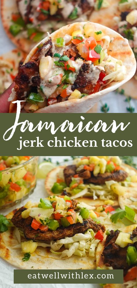 Spice up your taco nights with our Jamaican Jerk Chicken Tacos! They are packed with bold, tropical flavors, and are perfect for your next cinco de mayo party. Plus, they're a healthy lunch idea that won't weigh you down. Pin this now and thank us later! Chicken Tacos With Pineapple Salsa, Jerk Chicken Tacos, Hello Fresh Dinners, Tacos With Pineapple Salsa, Beef Birria Recipe, Tacos With Pineapple, Chicken Tacos Recipe, Carribean Food, Jamaican Jerk Chicken