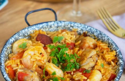 Paella Recept, Edamame, Fried Rice, Rice, Meat, Chicken, Ethnic Recipes