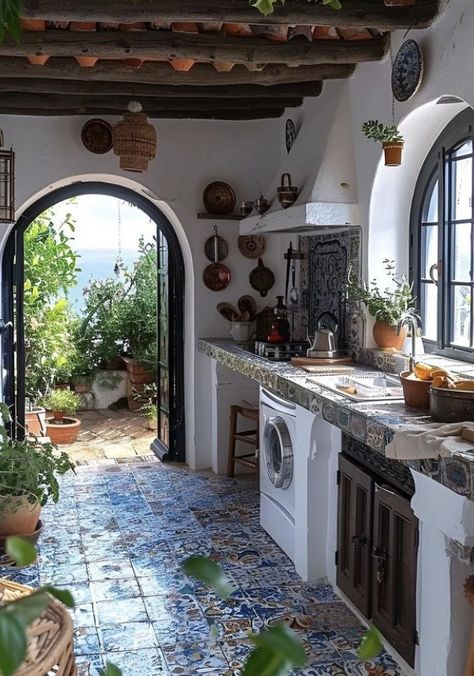 Mediterranean Cottagecore, Mexican Stone House, Vintage Mexican Aesthetic House, Spanish Archways Interior, Spanish Barn Door Arched, Italian Cottage, Mexican Spanish, Spanish Kitchen, Tuscan House