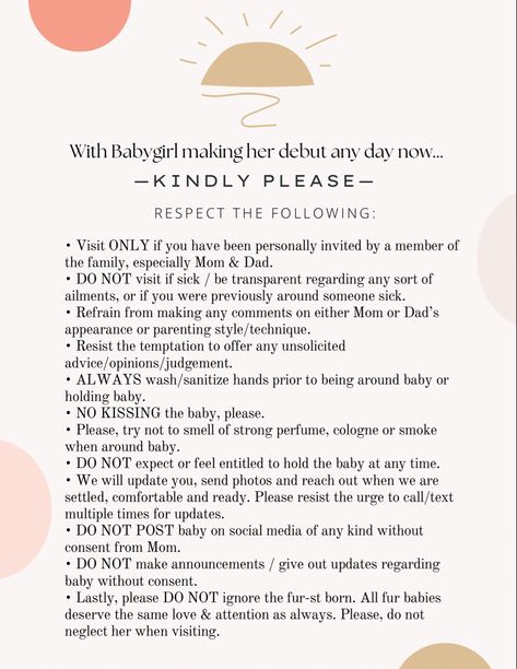 Parenting. Newborn. First time mom. First time parent. New baby. Baby. Babygirl. Rules. List. Announcement. Baby Boundaries List, Meeting Parents Outfit First Time, Visitor Rules For New Baby, Newborn Boundaries List, First Time Parents Quotes, First Time Parents Tips, Meeting His Mom First Time, Newborn Rules For Family, First Time Parent Hacks