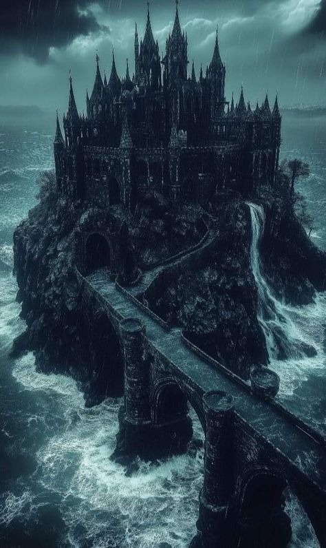 Castle By The Sea Fantasy Art, Dark Fantasy Architecture, Fantasy Castle Dark, Dark World Aesthetic, Dark Fantasy Places, Castle On Island, Stormy Island, Fantasy Castle Aesthetic, Dark Castle Aesthetic