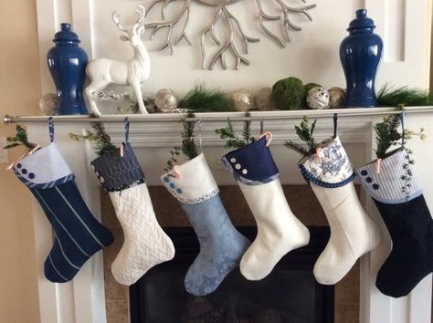 Blue and White Christmas Stockings #Christmas #Christmasdecor #blue #silver #turquoise #decorhomeideas Blue Christmas Stocking, Denim Christmas, Traditional Christmas Stockings, Christmas Stockings Sewing, Stockings Diy, White Christmas Stockings, Blue Christmas Decor, Stocking Ideas, Christmas Stockings Diy