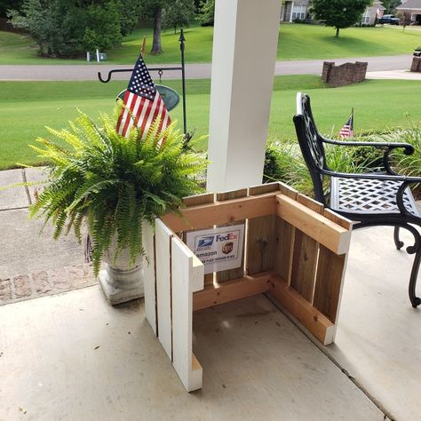 How To Hide Packages On Porch, Hide Packages On Porch, Package Drop Box Ideas Porch, Front Porch Ideas To Hide Packages, Diy Porch Package Storage, Porch Delivery Box Ideas, Package Hiding Porch, Porch Package Drop Off Diy, Front Porch Package Drop Off