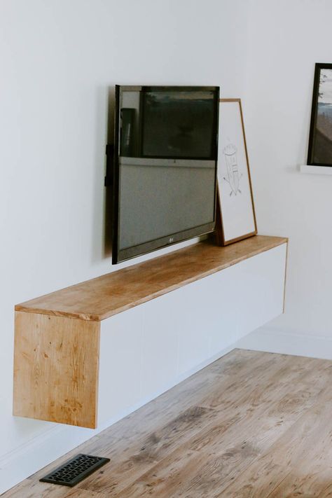 DIY Floating Sideboard Tutorial - Petite Modern Life Unique Cabinet Door, Floating Sideboard, Ikea Wall Cabinets, Diy Sideboard, Floating Entertainment Center, Diy Entertainment, Ikea Wall, Living Room Reveal, Floating Tv Stand