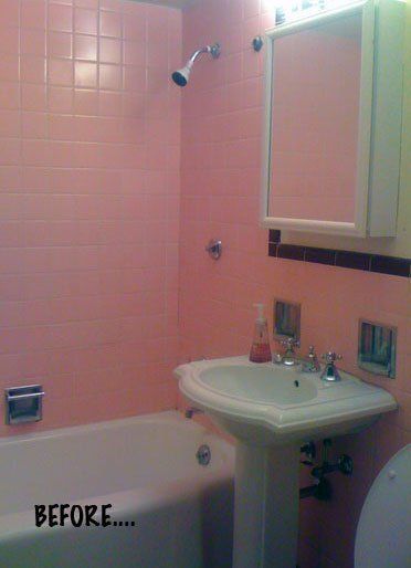 I know there are those among you for whom the classic pink-tiled bathroom is a national treasure worth saving at any cost. And while I admire your commitment to preservation and in theory agree with you, in practice I know better — six years ago I bought a pre-War apartment with two pink tiled bathrooms and that turned out to be two too many for me. Check out how I completely changed the look of this bathroom without tearing out a single tile… Pink Tile Bathroom, Pink Bathroom Tiles, Half Bathroom Remodel, Tile Refinishing, Mold In Bathroom, Bathroom Makeovers, Old Bathroom, Pink Baths, Pink Tiles