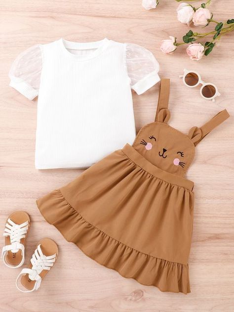 Toddler Girls Puff Sleeve Solid Tee & Cartoon Embroidery Ruffle Hem Pinafore Dress #backtoschooloutfit #holidayoutfit #birthdayoutfit #partyoutfit #minifashionista #stylemini #instakids #fashionkids #toddlerfashion #bigkidstyle #teenfashion #Valentinesday #toddlervalentinesdayoutift #amazonfashion Sewing Baby Clothes, Fashion Baby Girl Outfits, Cartoon Embroidery, Baby Outfits, Toddler Girl Dresses, Toddler Girl Outfits, Kids Fashion Girl