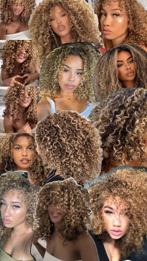 Curly blonde highlights on black women Hair Highlights For Curly Hair, Curly Highlights Blonde, Brown Hair With Highlights Curly, Honey Brunette Balayage, Curly Brown Hair With Highlights, Curly Balayage Hair, Blonde Highlights Curly Hair, Caramel Brown Hair, Curly Hair Natural