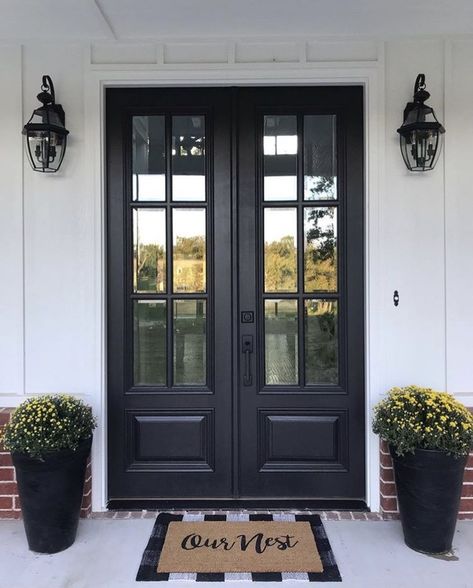 Red Brick House Double Front Door, French Door Main Entrance, Vintage Double Front Doors, Black Front Double Doors Entryway, Double Doors Exterior Entrance Modern, Front Double Doors Entryway, Oversized Front Doors, Black Double Front Door Entrance, Black Double Doors Entrance