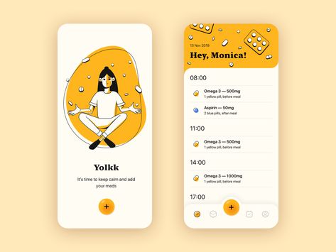 Yolkk — smart Pill Reminder by Lena Brusenskaya App Development Design, Pill Reminder, Ui Ux 디자인, Ios Ui, App Ios, Mobile Ui Design, Mobile App Ui, App Interface, Music App