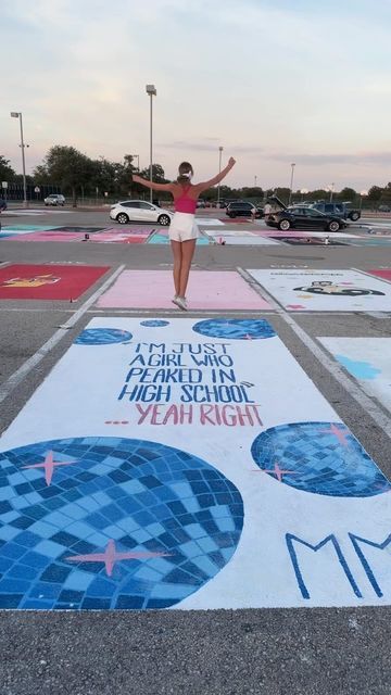 Morgan⭐️ on Instagram: "I LOVE IT!!!🩷🪩💙It only took 4 days!😇 @megmoroney I LOVE YOUUUU!!! #senior #highschool #seniorsunday #seniorparkingspot" Senior Trip Ideas High School, Matching Senior Parking Spots, Parking Lot Painting Ideas, Senior Year Parking Spot, Cute Parking Spot Paintings, Cute Parking Spot Painting Ideas, Senior Year Checklist, Highschool Parking Spot Ideas, Senior Spots