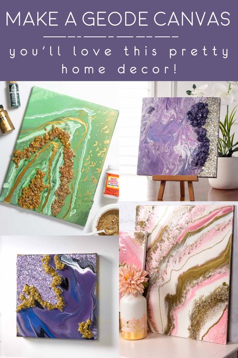 Learn how to make a DIY geode canvas in three steps! This home decor project is a great way to add beautiful art to your wall, on a budget. Gold Canvas Art Diy, Modge Podge Glass, Geode Canvas, Altered Objects, Diy Geode, Geode Wall, Diy Paintings, Purple Painting, Pour Paint