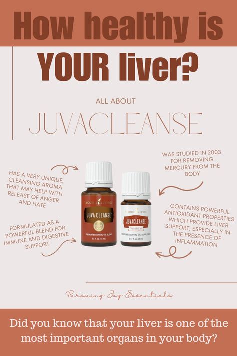 Two bottles of Juvacleanse essential oil blend, one white and one reddish-brown. Text talks about the benefits of Juvacleanse, including studied for removing mercury from the body; contains powerful antioxidant properties which provide liver support, especially in the presence of inflammation; formulated as a powerful blend for immune and digestive support; has a very unique cleansing aroma that may help with release of anger and hate. Liver Support Essential Oils, Essential Oils For Liver Support, Essential Oil For Liver, Essential Oil Education, Liver Support, Healthy Liver, Healthy Happy, Arsenal, Essential Oil