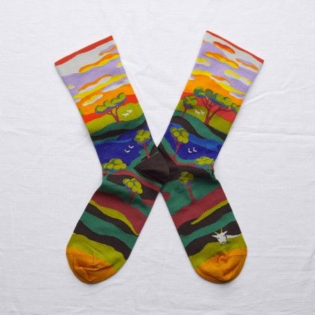 Bonne Maison-Bonne Maison - Multicolor Tree Cotton Socks - 36/38 | cotton | Multicolor Chloe Store, Le Basket, Buttercup Yellow, Fun Socks, Striped Socks, Orange Background, French Brands, Calf Socks, Colorful Socks