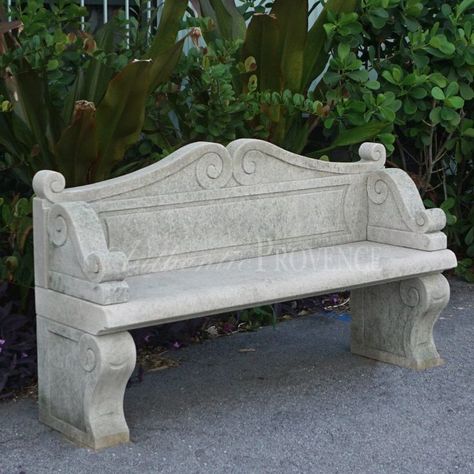 Classical garden bench in the Empire style with elegant backrest and scrolled armrests. Hand carved in limestone. Concrete Bench Outdoor, Concrete Outdoor Furniture, Concrete Garden Bench, Cement Bench, Stone Garden Bench, Baroque Interior, Sitting Bench, Cement Design, Marble Carving