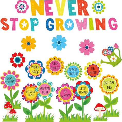 Best 90-Piece Inspirational Floral Bulletin Board Set for Classroom Positivity Manners Bulletin Board, Growing Bulletin Board, Garden Bulletin Boards, Chalkboard Supplies, Growth Mindset Bulletin Board, Never Stop Growing, Flower Text, Spring Bulletin, Classroom Bulletin Board