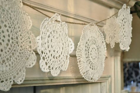 the sparkle doily snowflake banner tutorial - Jennifer Rizzo Doily Projects, Snowflake Doily, Doily Banner, Doily Garland, Doily Bunting, Snowflake Banner, Banner Tutorial, How To Make Snowflakes, Snowflake Garland