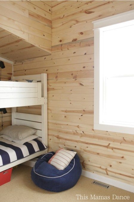 pine walls white trim 2 Diy Bunk Beds, White Window Trim, Small Modern Cabin, Knotty Pine Walls, White Washed Pine, White Wash Walls, Pine Wood Walls, Pine Cabin, Pine Trim