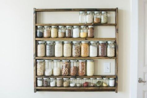 Mason jars might just be the greatest invention ever. Whether you enjoy canning with them in the fall or you just have a few around that you use for various crafts and DIY projects, these things are just so versatile! I love how you can totally turn them into something completely different than... Mason Jar Pantry, Jar Pantry, Pantry Shelf Organizer, Jar Organization, Mason Jar Shelf, Diy Kitchen Shelves, Mason Jar Organization, Mason Jar Storage, Pantry Jars